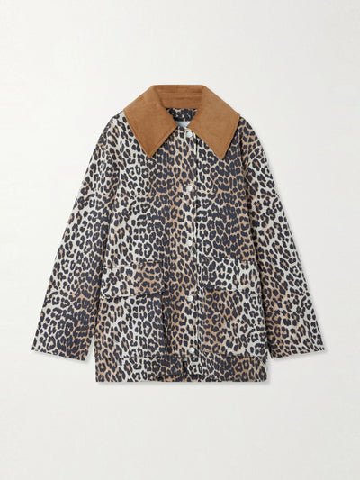 Ganni Corduroy-trimmed leopard-print hemp and organic cotton-blend canvas jacket at Collagerie