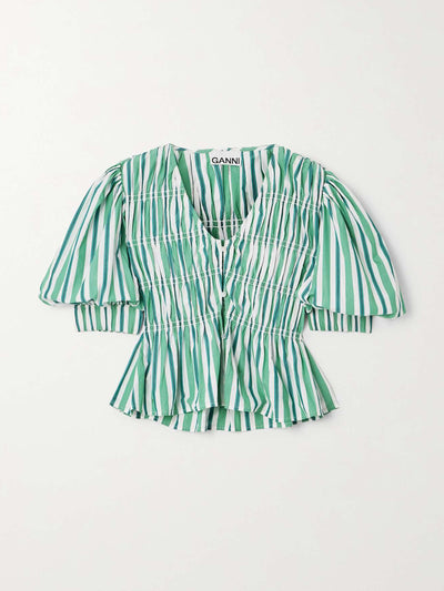 Ganni Striped gathered organic cotton-poplin blouse at Collagerie
