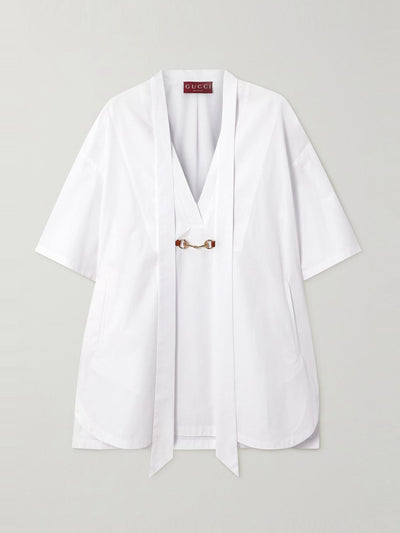 Gucci Leather-trimmed horsebit-embellished cotton-poplin mini shirt dress at Collagerie