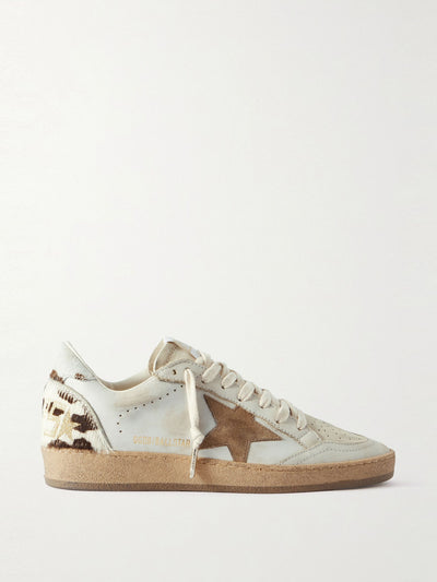 Golden Goose Ball Star calf hair and suede-trimmed distressed leather sneakers at Collagerie