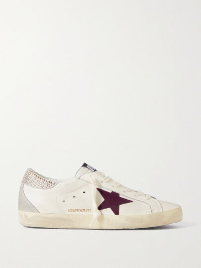 Golden Goose Super-Star crystal-embellished velvet-trimmed distressed leather sneakers at Collagerie