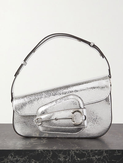 Gucci 1955 Horsebit metallic cracked-leather shoulder bag at Collagerie