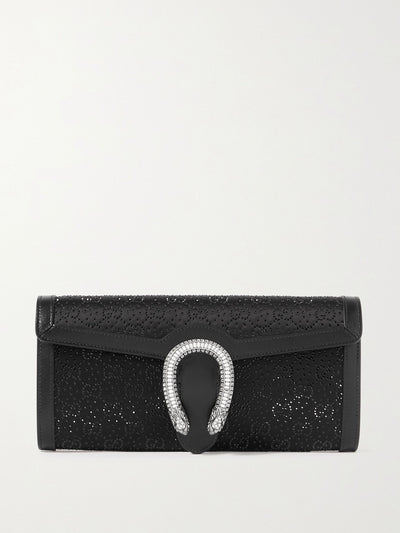 Gucci Black leather-trimmed crystal-embellished satin clutch at Collagerie