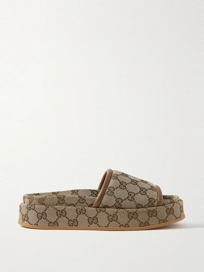 Gucci Clarice leather-trimmed canvas-jacquard platform slides at Collagerie
