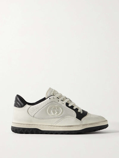 Gucci MAC80 distressed leather and embroidered ribbed-knit sneakers at Collagerie