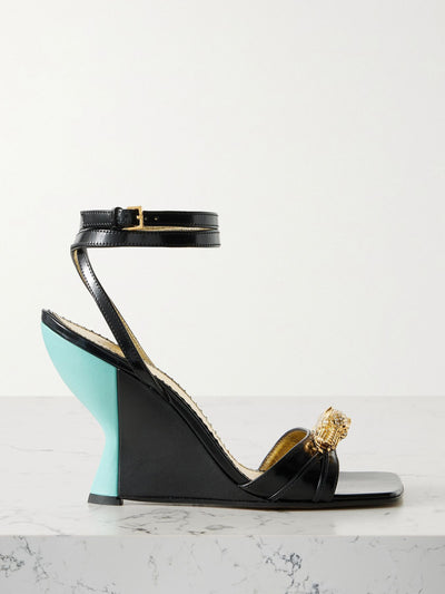 Gucci Black embellished smooth and patent-leather wedge sandals at Collagerie