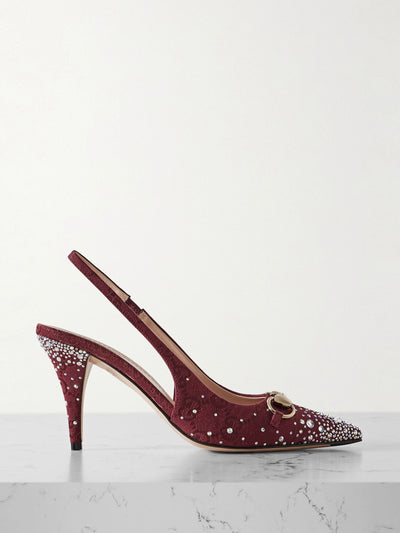 Gucci Erin crystal-embellished horsebit-detailed canvas-jacquard slingback pumps at Collagerie