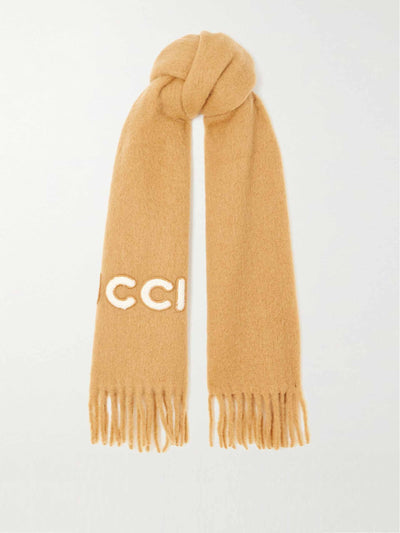 Gucci Fringed shearling-trimmed knitted scarf at Collagerie