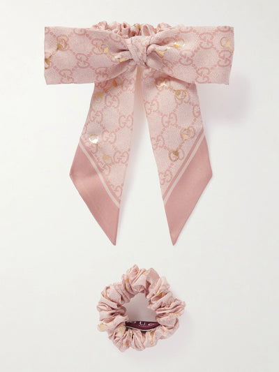 Gucci GG printed metallic silk hair tie and scrunchie set at Collagerie