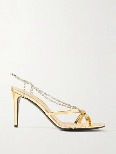 Gucci Heloise crystal-embellished metallic leather sandals at Collagerie