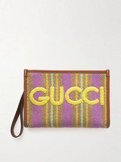 Gucci Leather-trimmed embroidered raffia pouch at Collagerie