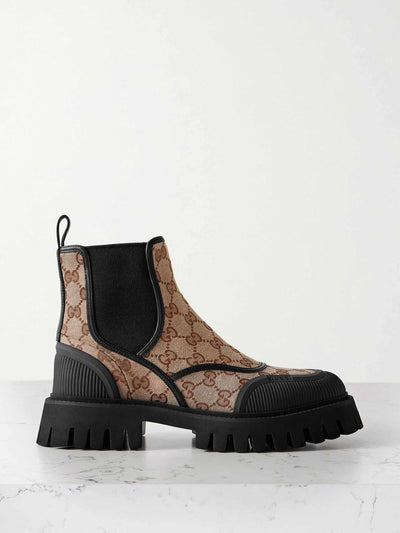 Gucci Rubber and leather-trimmed canvas-jacquard ankle boots at Collagerie