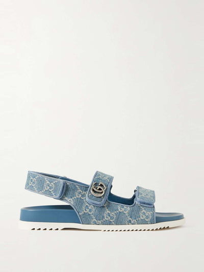 Gucci Moritz embellished denim-jacquard slingback sandals at Collagerie