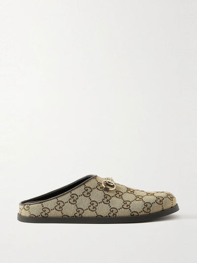 Gucci New Sol horsebit-detailed leather-trimmed canvas-jacquard slippers at Collagerie