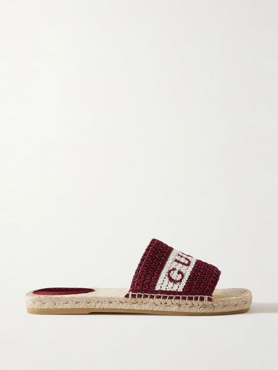 Gucci Numa embroidered striped raffia slides at Collagerie