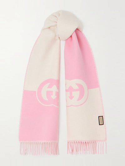 Gucci Fringed logo-jacquard wool and cashmere-blend scarf at Collagerie