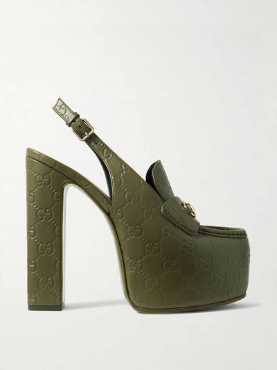 Gucci Horsebit-embellished logo-debossed leather platform slingback pumps at Collagerie