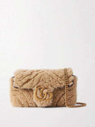 Gucci GG Marmont 2.0 Supermini leather-trimmed matelassé shearling shoulder bag at Collagerie