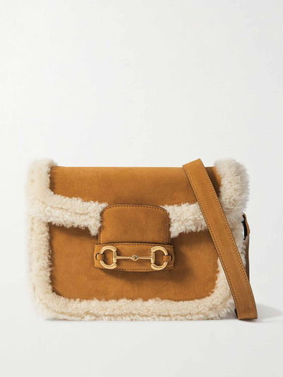 Gucci Horsebit 1955 shearling trimmed suede shoulder bag at Collagerie