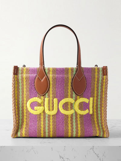 Gucci Small leather-trimmed embroidered striped raffia tote at Collagerie