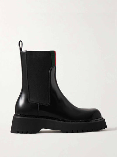 Gucci Thea webbing-trimmed glossed-leather Chelsea boots at Collagerie