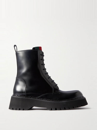 Gucci Thea webbing-trimmed glossed-leather ankle boots at Collagerie