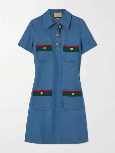 Gucci Blue webbing-trimmed embellished denim mini dress at Collagerie