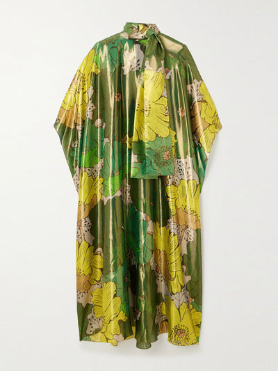 Halpern Yellow and green pussy-bow printed silk-blend satin kaftan at Collagerie