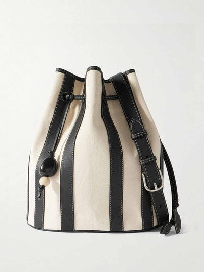Hunting Season Extra Large Drawstring leather-trimmed striped canvas bucket bag at Collagerie