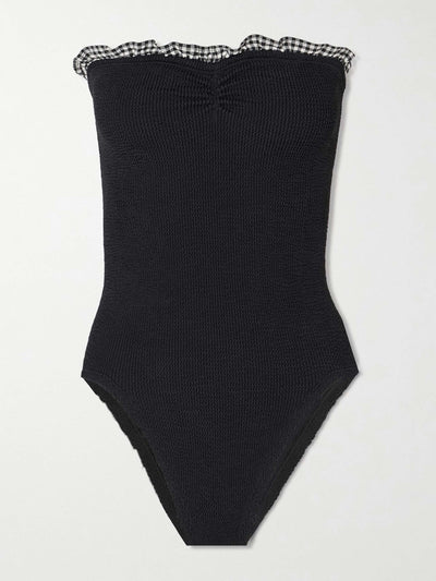 Hunza G Dolly strapless ruffled gingham-trimmed seersucker swimsuit at Collagerie