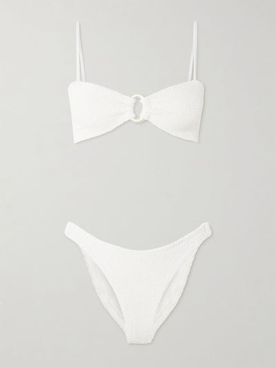 Hunza G Misty faux pearl-embellished seersucker bikini at Collagerie