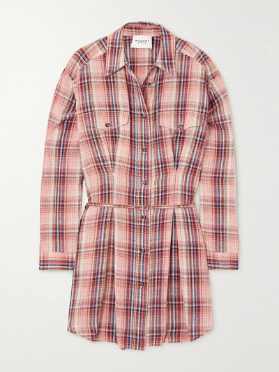 Marant Étoile Orange belted checked mini shirt dress at Collagerie