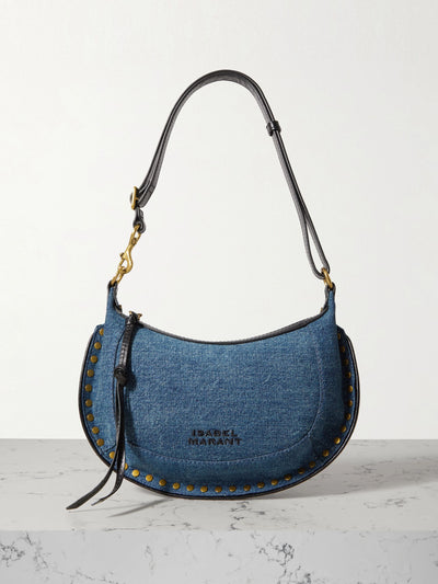 Isabel Marant Oskan Moon leather-trimmed studded denim shoulder bag at Collagerie