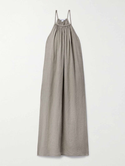 James Perse Taupe gathered linen midi dress at Collagerie