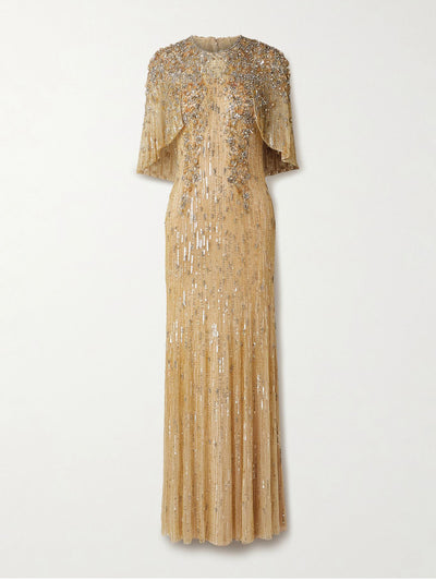 Jenny Packham Cape-effect embellished tulle gown at Collagerie