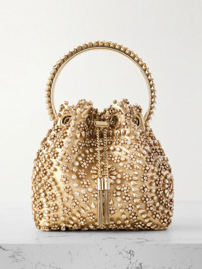 Jimmy Choo Bon Bon crystal-embellished satin bucket bag at Collagerie
