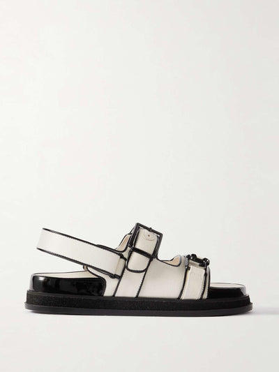 Jimmy Choo Elyn patent leather-trimmed linen sandals at Collagerie