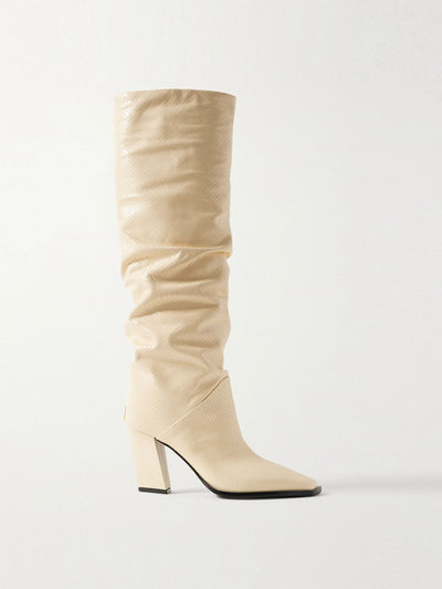 Jimmy Choo Hart 85 ruched snake-effect leather knee boots at Collagerie