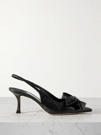 Jimmy Choo Staz 70 bow-embellished crinkled-leather slingback pumps at Collagerie
