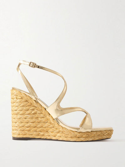 Jimmy Choo Ayla 110 metallic leather espadrille wedge sandals at Collagerie