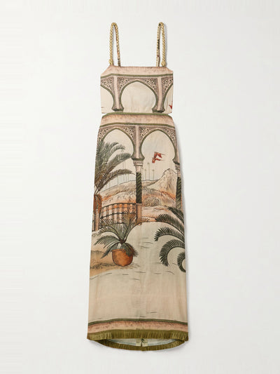 Johanna Ortiz Cartagening tasseled straw-trimmed printed linen-voile midi dress at Collagerie