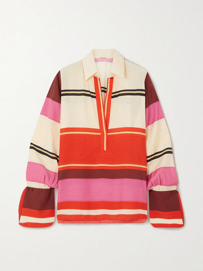 Johanna Ortiz + Net Sustain Red striped satin-jacquard blouse at Collagerie