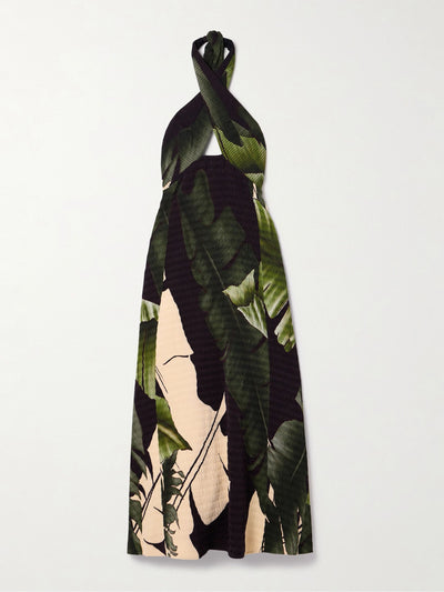 Johanna Ortiz Elegant Expedition printed plissé-satin halterneck midi dress at Collagerie