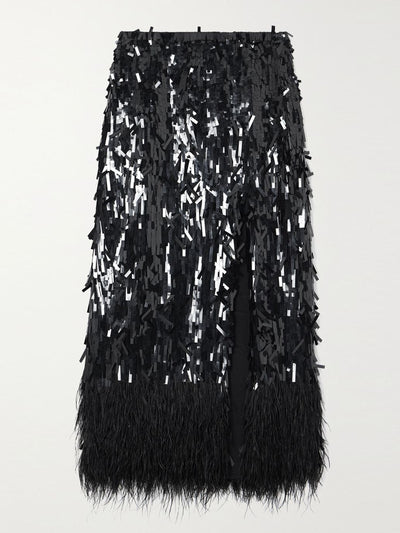 Johanna Ortiz Black feather-trimmed sequined midi skirt at Collagerie