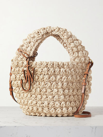 Beige Anagram-logo leather-trim woven basket bag