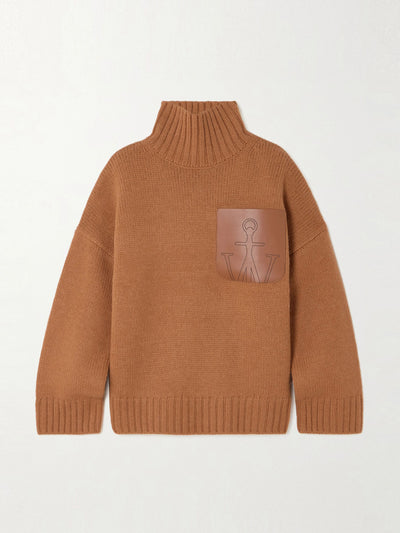 JW Anderson Oversized leather-trimmed knitted turtleneck sweater at Collagerie