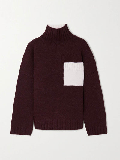 Jw Anderson Burgundy two-tone knitted turtleneck sweater at Collagerie