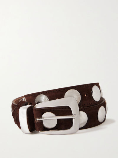 Khaite Coffee suede belt with silver studs at Collagerie