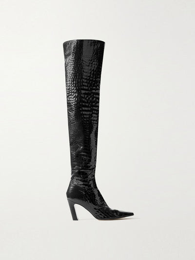 Khaite Black croc-effect leather over-the-knee boots at Collagerie