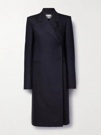 KHAITE Black pinstriped wool-blend coat at Collagerie